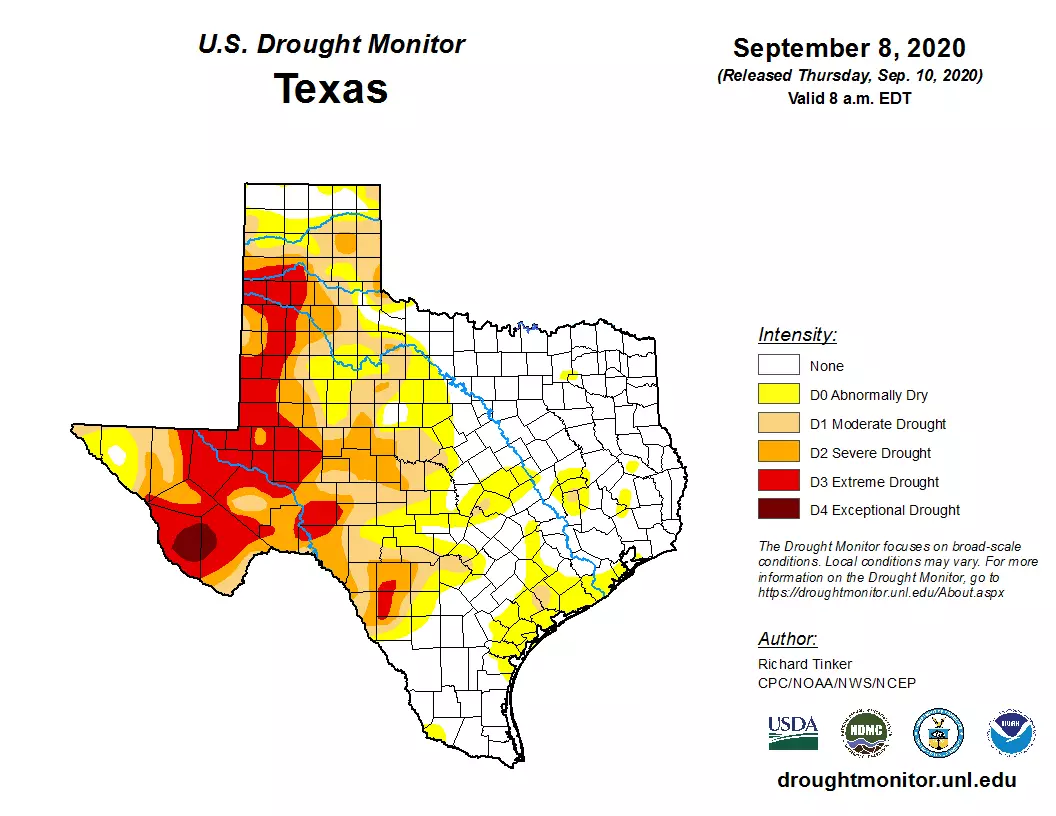 Clarifies post. Texas Drought Monitor shows what areas in Texas are in drought conditions.